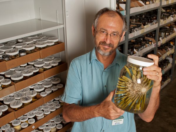 Gustav Paulay holds a spiny invertebrate specimen in a jar