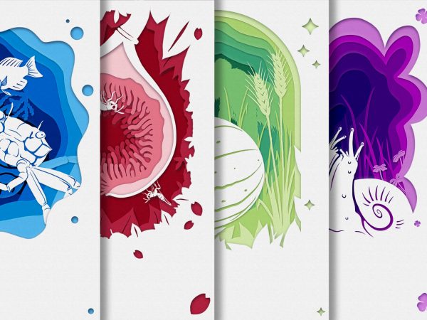 Five illustrations of organisms, stacked one on top of the other.