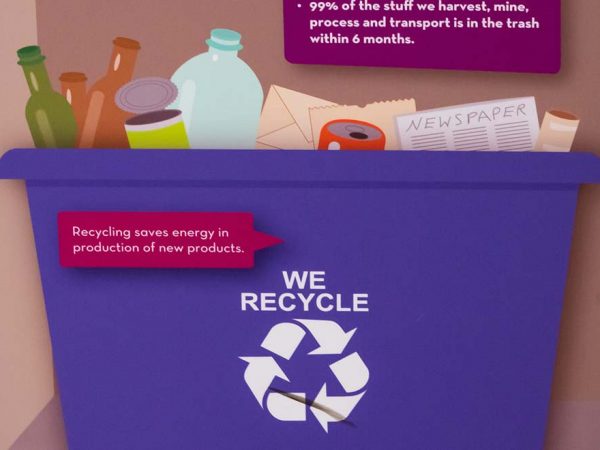 illustration of a recycling bin with a white recycle logo and bottles and papers sticking out at top