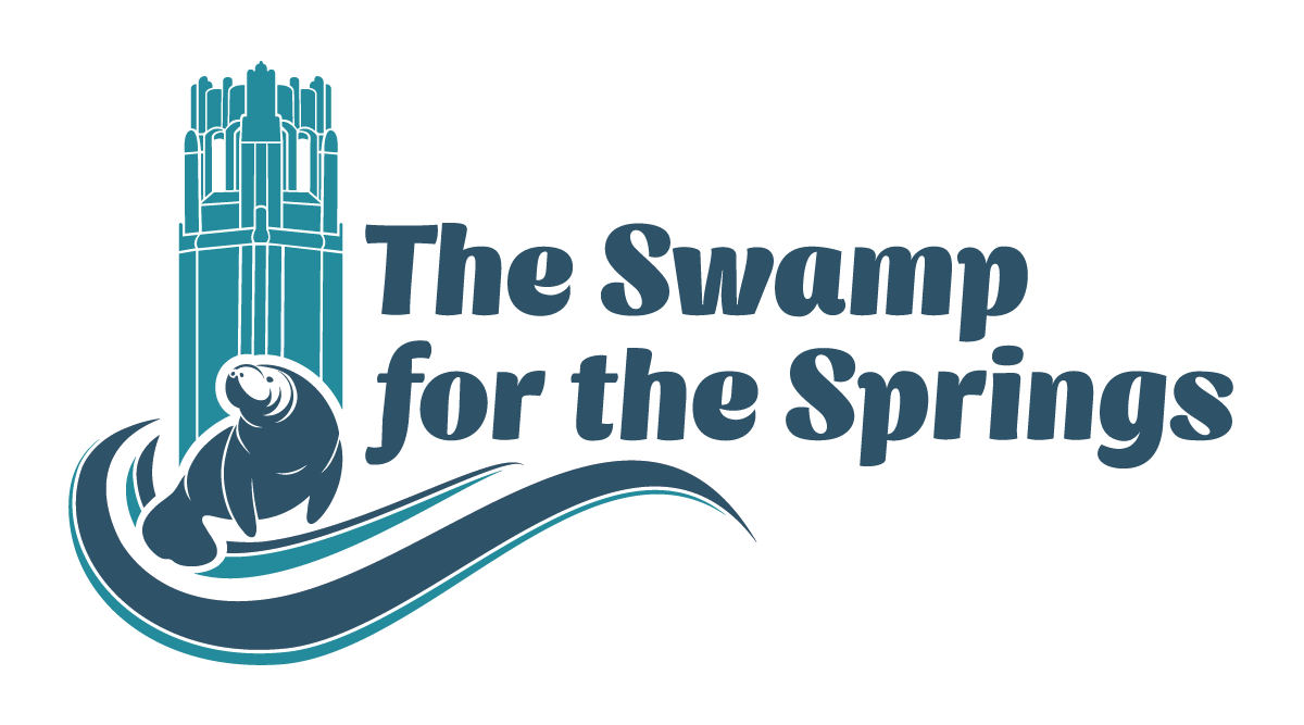 the swamp for the springs logo, which is a silhouette of a manatee against a silhouette of century tower.